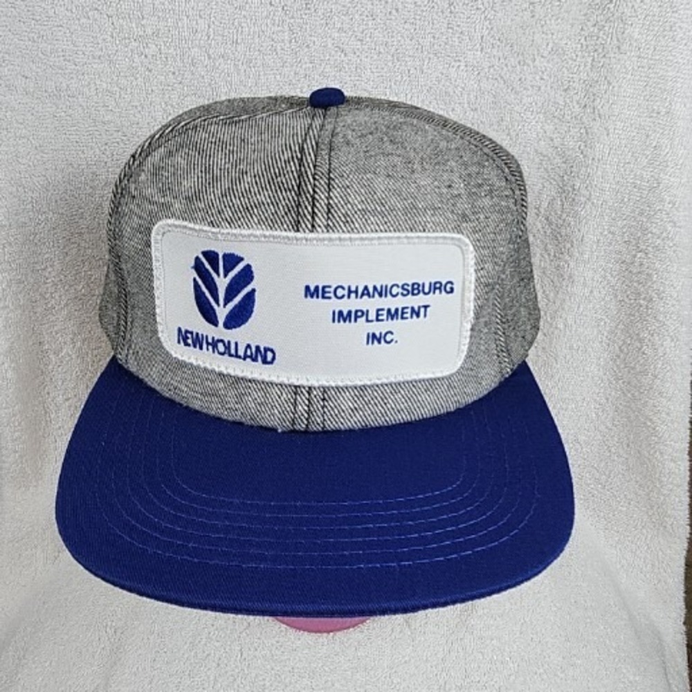VTG New Holland Mechanicsburg Hat Snapback Black Blue Denim Patch K-Products USA